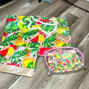 5 pcs Beloved tropical tote, wristlet and cosmetics bags